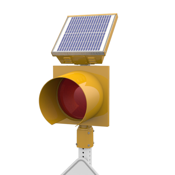 R247-E, 24 Hour 12" Red Flashing Beacon, Square 2 - 2.5" or Round 2.38 - 2.88" OD Post Mount, Integrated Solar Engine Yellow