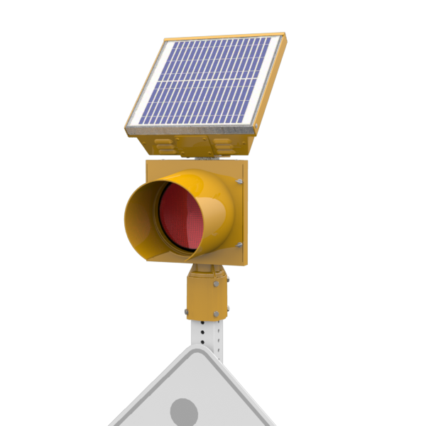 [0037176] R247-E, 24 Hour 8" Red Flashing Beacon, Square 2 - 2.5" or Round 2.38 - 2.88" OD Post Mount, Integrated Solar Engine Yellow